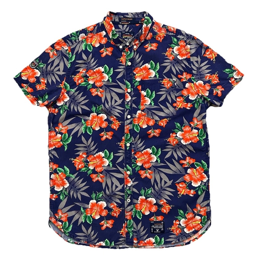 Superdry Miami Oxford Mens Button Down Shirt Blue Floral Tropical Hawaiian L EUC